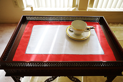 White Hemstitch Placemat 14"x20". Red color border